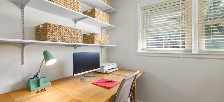Shelves and baskets in an apartment home office
