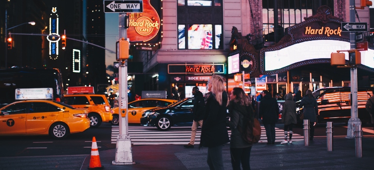 People walking down a busy street