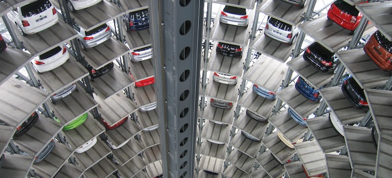 Cars in an elevated parking lot